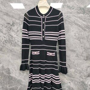 2026 Early Spring New Style Pink and Black Striped Long-Sleeved Dress